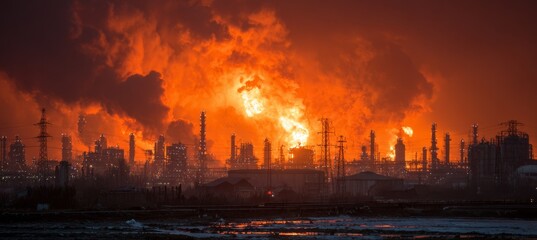 huge fire broke at oil refinery plant and missile strike explosion. Industrial environmental pollution and toxic hazard. Generative AI technology.