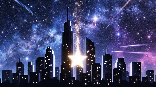 A futuristic city skyline at night with a bright star shining behind the tallest skyscraper, set against a vibrant, colorful galaxy background with shooting stars, conveying a sense of urban