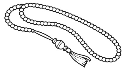 Tasbih beads illustrated in modern line art style, showcasing prayer beads with tassel, spirituality, and meditation symbols in a minimalist design