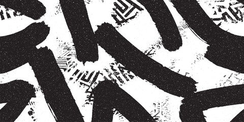 Bold Black and White Grunge Background with Thick Brush Strokes Over Stylized Geometric and Tribal Patterns © HexaFrame