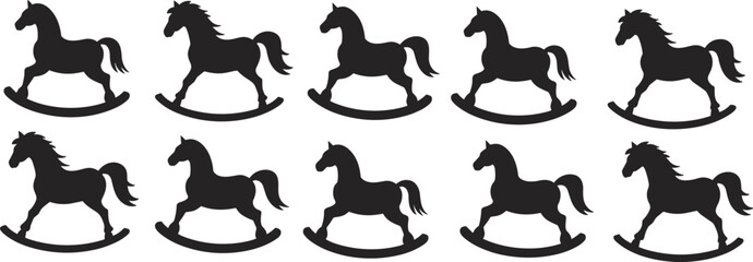 Black rocking horse silhouettes in varied designs, artistic vector illustration highlighting mane, tail © Moyuri