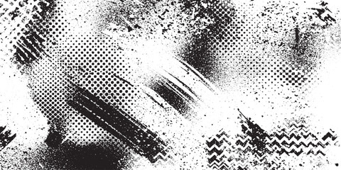 Dynamic Black and White Grunge Abstract Background with Halftone Dots and Spray Paint Splatters. Urban Street Art Texture for Edgy Graphic Design and Artistic Overlays. © HexaFrame