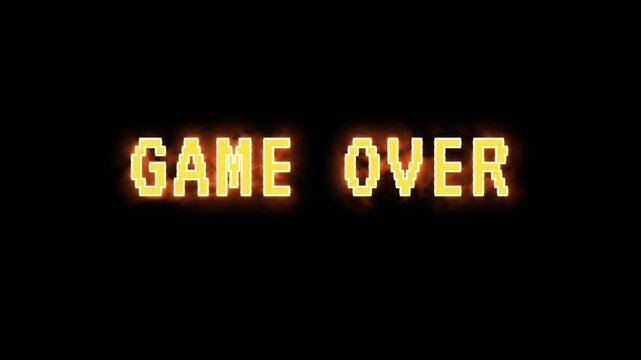 A retro arcade-style "GAME OVER" message sequentially types out in a glowing, pixelated fiery yellow-orange text against a pitch-black background 4K Alpha Channel