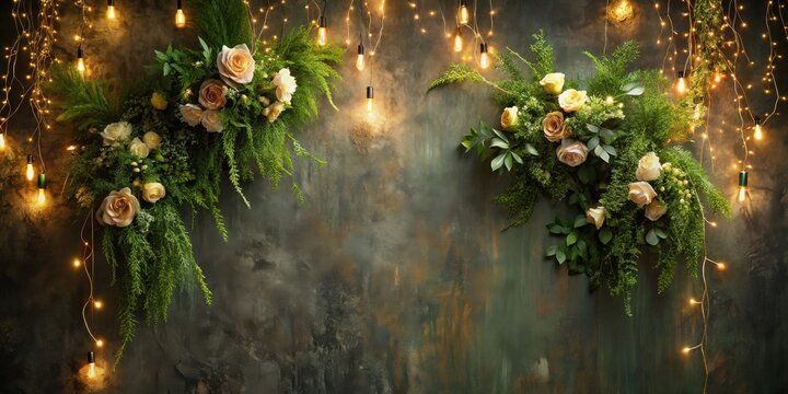 Elegant Floral Arrangement with Warm String Lights on Rustic Background