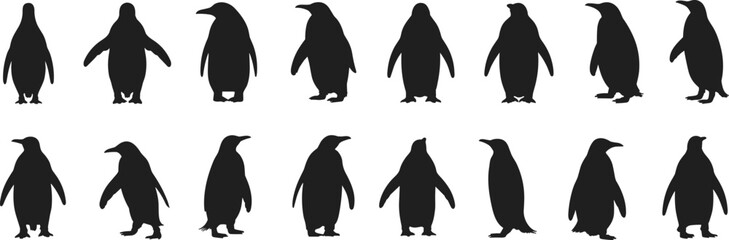 Black penguin silhouettes in diverse upright, walking, and turning poses, artistic vector illustration highlighting wildlife posture, movement © Moyuri