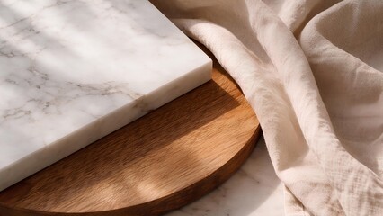 marble wood and linen fabric with soft shadows close up