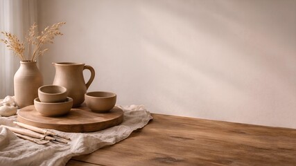 ceramic clay tableware on wooden surface with linen and copy space