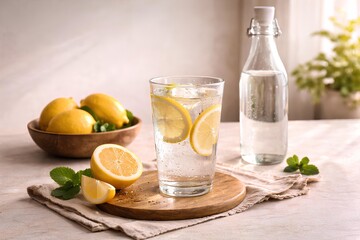 glass of water with lemon and bottle in natural window light