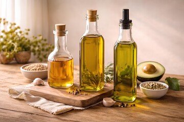 bottles of olive flax and avocado oil on wooden surface in warm light