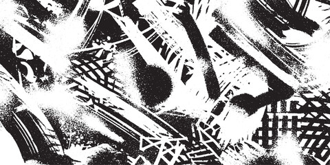 Complex Black and White Abstract Grunge Pattern. Layered Diagonal Lines, Spray Paint, and Geometric Textures for Dynamic Backgrounds and Modern Urban Designs. © HexaFrame