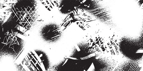 Energetic Abstract Black and White Grunge Pattern with Geometric Shapes, Lines, and Spray Paint Texture  Chaotic Monochrome Urban Art Background Element © HexaFrame