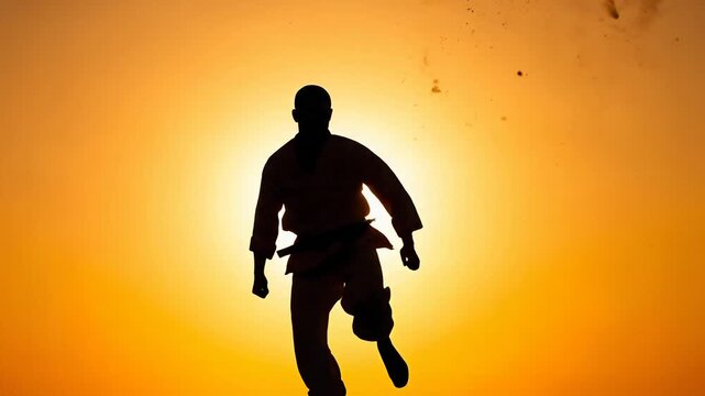 Silhouette Martial Artist Performing Dynamic Kick Against Golden Sunset Sky