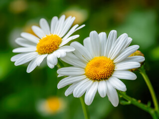 Obraz premium Two vibrant white daisies with bright yellow centers blooming against a lush green garden background on a sunny day