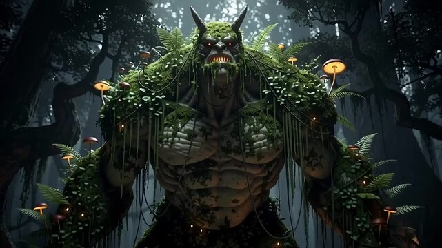 Giant Moss Monster in a Dark Fantasy Forest Mythical Creature Swamp Thing Fantasy Art Digital Painting Horror Creature Forest Guardian Monster in the Mist Dark Fantasy World Scary Monster Green Monst.