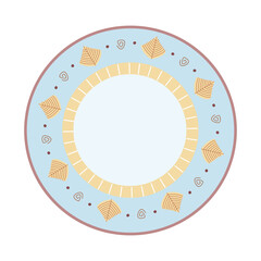 Naklejka premium Сircular border pattern in blue and yellow colors decorated by leaves. Vector isolated color illustration. Can be used for greeting cards, plates. 