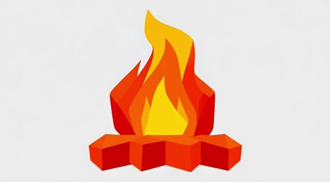 Low poly campfire icon, sharp geometric shapes, warm tone colors, slow moving fire animation, clean and modern look.