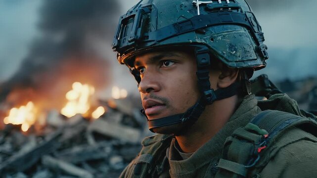Intense Soldier's Focused Gaze: Military Man in Tactical Gear, Vigilant and Determined in Combat Environment.