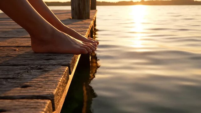A solitary weathered leather jacket hangs from a dock at sunset, showcasing textured fabric and worn seams