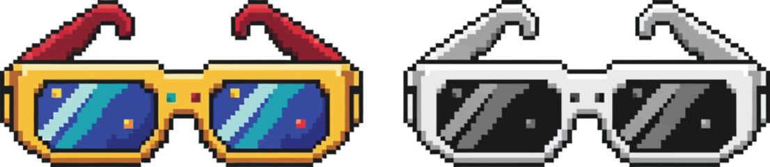 Obraz premium Two pairs of pixel art glasses, one with gold frames and red arms, the other with silver frames, featuring reflective lenses.