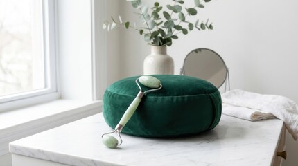 Smooth Cool Jade Roller Resting on a Plush Green Cushion with Plant and Mirror