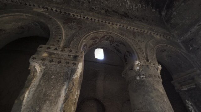Cinematic shot of historic cave churches at Selime Castle in Cappadocia, Turkey