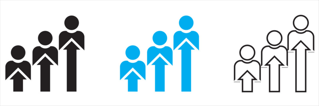 Human efficiency Team Growth Arrow Line Chart Icon. Showing team members beneath rising arrow graph, symbolizing business growth, leadership, performance improvement and corporate success.