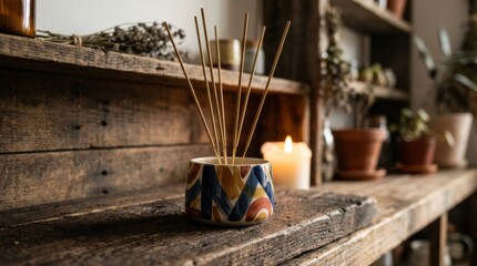 Obraz premium Vibrant hand-painted ceramic incense holder with aroma sticks and warm candle glow on a wooden shelf