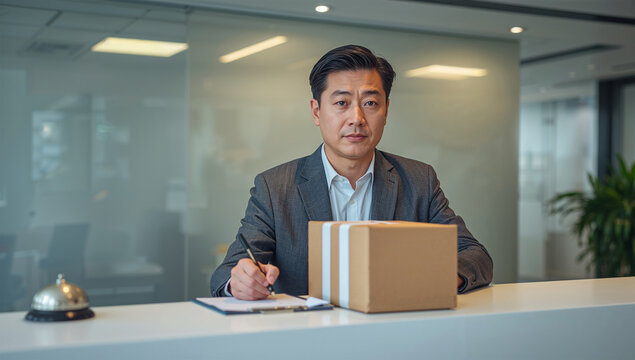 受付で受領サインをしてOK合図する東アジアの40代男性と荷物の到着