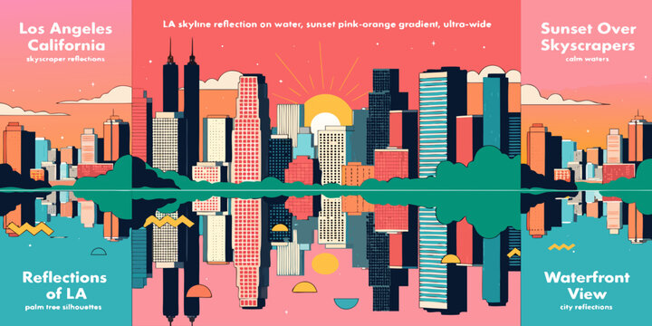 Set of cards banner, card, flyer - Set of cards &ldquo;LA skyline reflection on water, sunset pink-orange gradient, ultra-wide flat vector banner, card, flyer

