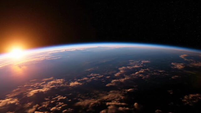 Sunrise Over Earth From Space: Planet Orbit, Atmosphere, Clouds, Stars