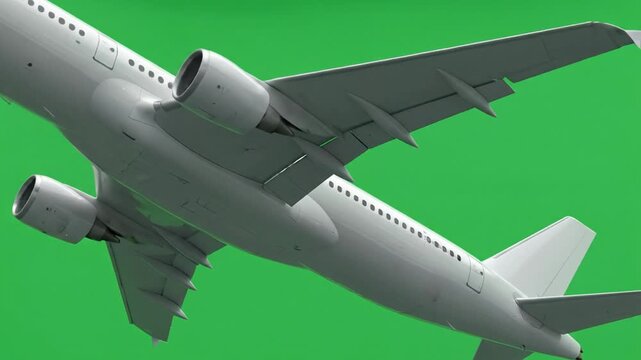 White Passenger Jet Airplane Flying on Green Screen Background - Chroma Key