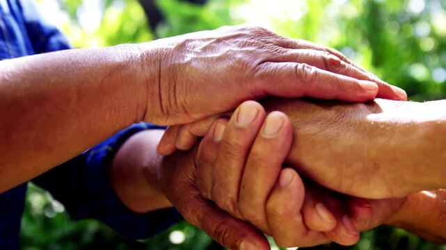 Affectionate old couple holding hands. Senior husband hold his wife's hand. Close up of senior man's hands caressing and holding senior woman's hands.