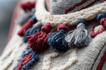 Cozy knitwear features colorful tassels and textured patterns. Warm tones blend cream, red, and navy hues. Handcrafted details evoke comfort and artisanal charm. Ideal for interiors, fashion