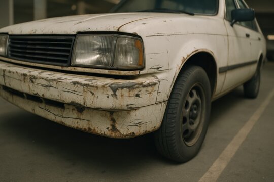 Old rusty white car front fender and wheel in parking garage