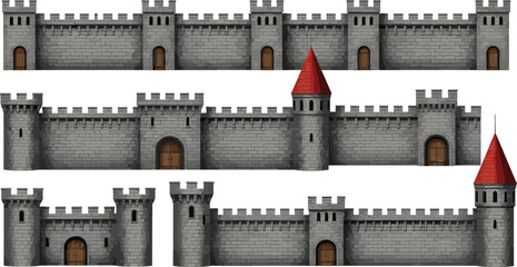 Medieval Stone Castle Wall Collection with Towers, Gates and Red Roof Turrets Isolated Fantasy Architecture Vector Illustration Set © Sanjida
