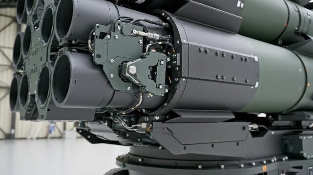 Close-up view of missile launcher system in a hangar with multiple tubes and mechanical parts visible