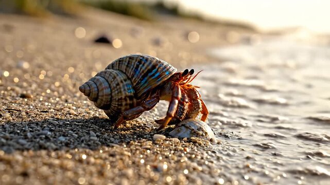 Hermit crab with a large shell walks on a sandy beach with gentle waves lapping at the shore during a beautiful sunset with golden light.
