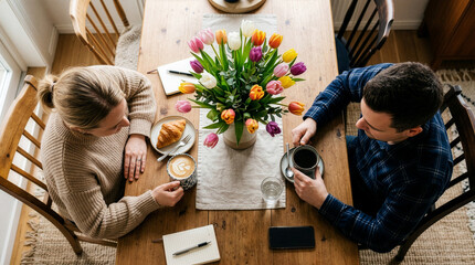 Domowe pogaduchy przy kawie, widok z góry.