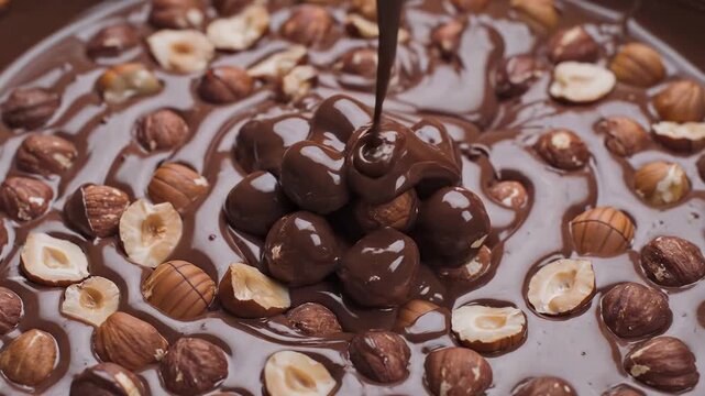 Closeup of rich dark chocolate being poured over a pile of whole and halved hazelnuts creating a decadent dessert or confectionary scene.