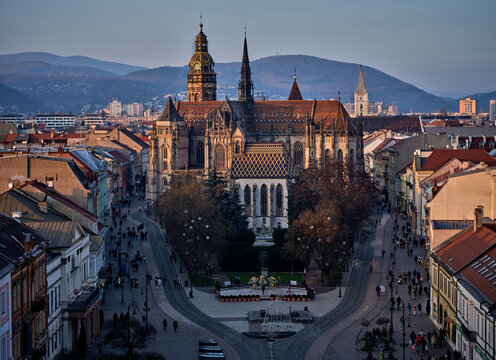 Kosice Cathedral Architecture And Pedestrian Street At Winter Sunset