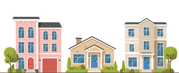 Naklejka premium Residential Houses Collection with Modern Family Homes, Townhouse and Suburban Architecture Vector Illustration Set