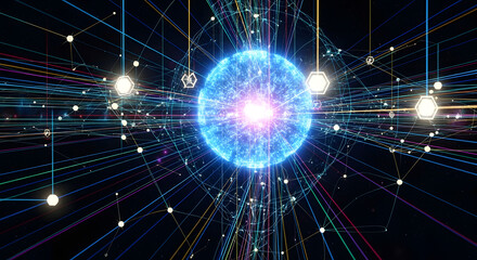 Obraz premium Celestial Sphere: A radiant sphere, illuminated by an intense burst of energy, is interwoven with luminous strings, suggesting a complex network of interconnected systems.