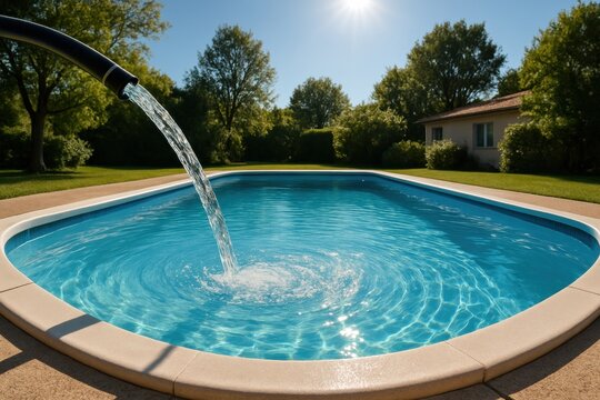 Hose filling clear blue swimming pool water in sunny backyard