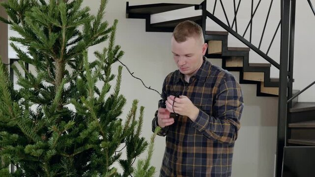 Homeowner carefully untangling festive christmas lights, preparing christmas tree decoration inside contemporary living space during seasonal celebration