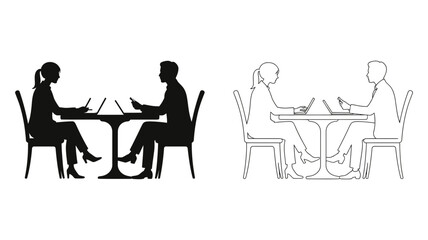 Two business professionals working diligently on laptops at a table, depicted in both silhouette and outline styles.