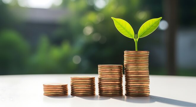 Coins stacked in ascending order with a small plant growing from the tallest stack on a white surface with a blurred green