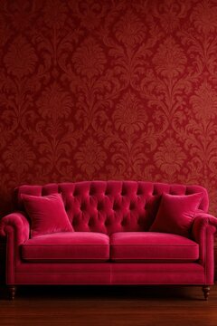 Luxurious red velvet tufted sofa against ornate damask patterned wallpaper.