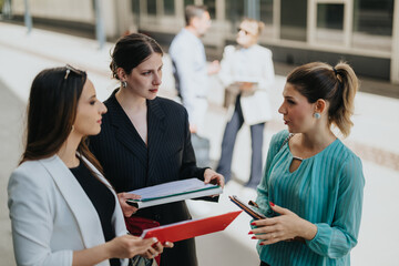 Fototapeta premium Three professional women discuss documents and ideas while standing outdoors. A candid scene of colleagues in conversation and collaboration during a work meeting.