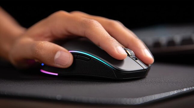 Nahaufnahme einer Hand auf Computermaus am Schreibtisch. Symbol f&uuml;r B&uuml;roarbeit, Homeoffice, Digitalisierung, Online-Kommunikation, E-Commerce und modernes Arbeiten am PC.