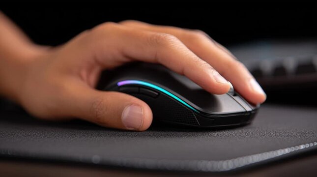 Nahaufnahme einer Hand auf Computermaus am Schreibtisch. Symbol f&uuml;r B&uuml;roarbeit, Homeoffice, Digitalisierung, Online-Kommunikation, E-Commerce und modernes Arbeiten am PC.